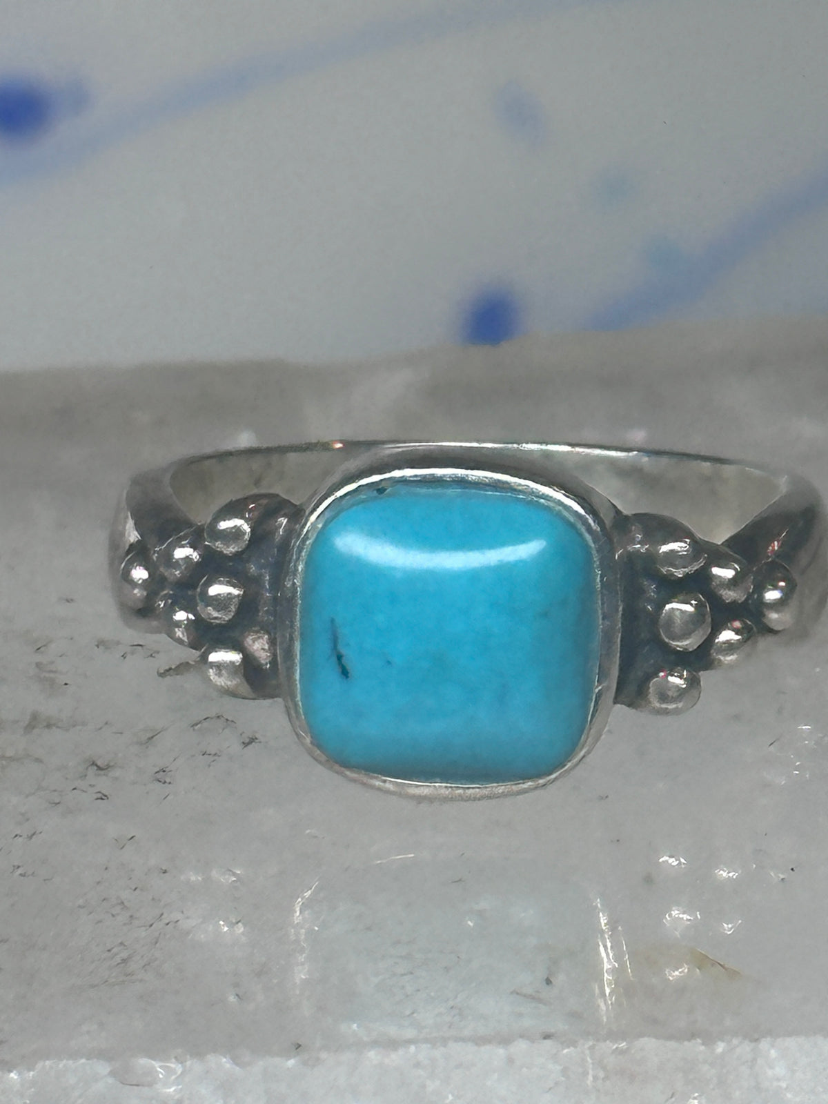 Vintage Sterling Silver Reconstituted Turquoise Cushion Beaded Ring Size 7.75 925