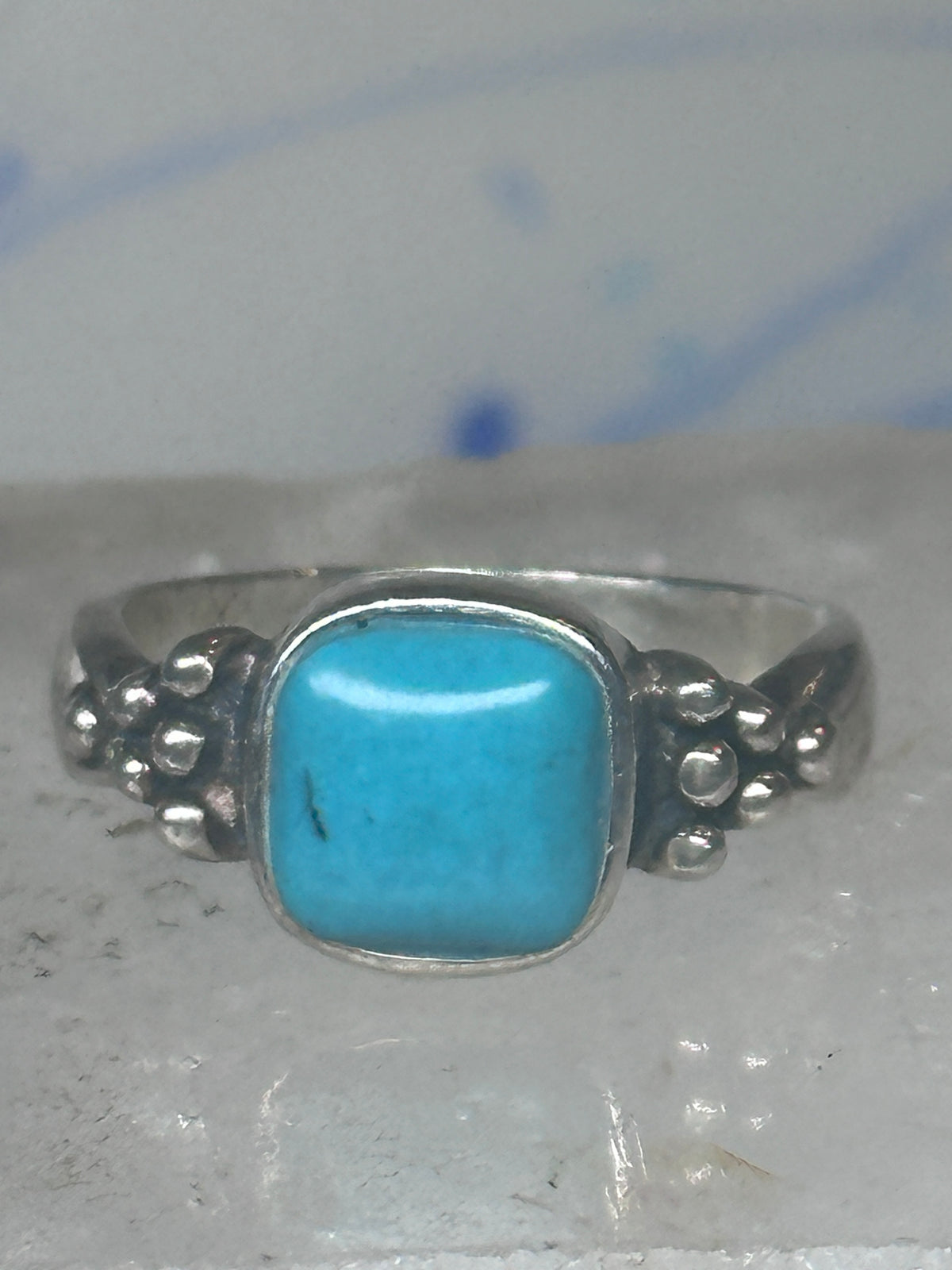 Vintage Sterling Silver Reconstituted Turquoise Cushion Beaded Ring Size 7.75 925