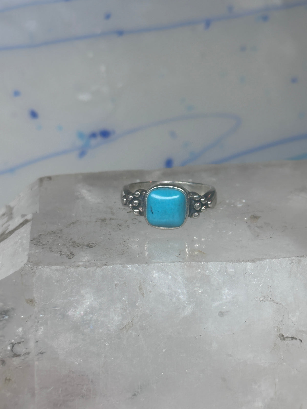 Vintage Sterling Silver Reconstituted Turquoise Cushion Beaded Ring Size 7.75 925