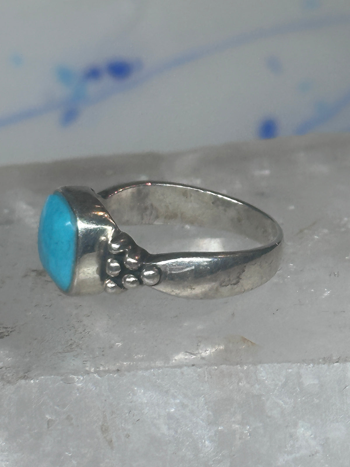 Vintage Sterling Silver Reconstituted Turquoise Cushion Beaded Ring Size 7.75 925