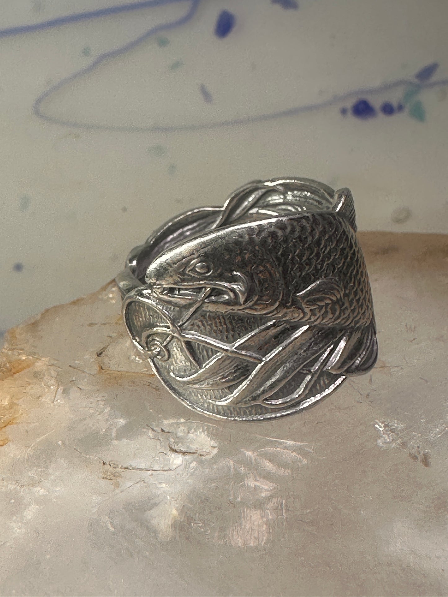 Fish spoon ring size 7 adjustable fishermen sterling silver band e