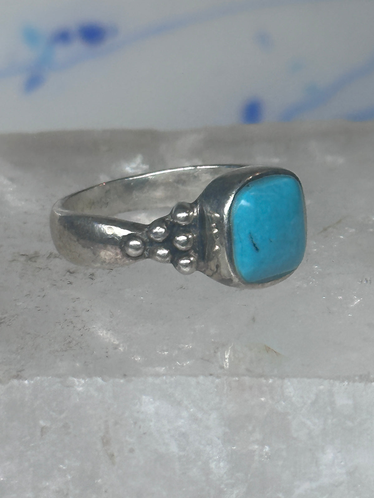 Vintage Sterling Silver Reconstituted Turquoise Cushion Beaded Ring Size 7.75 925