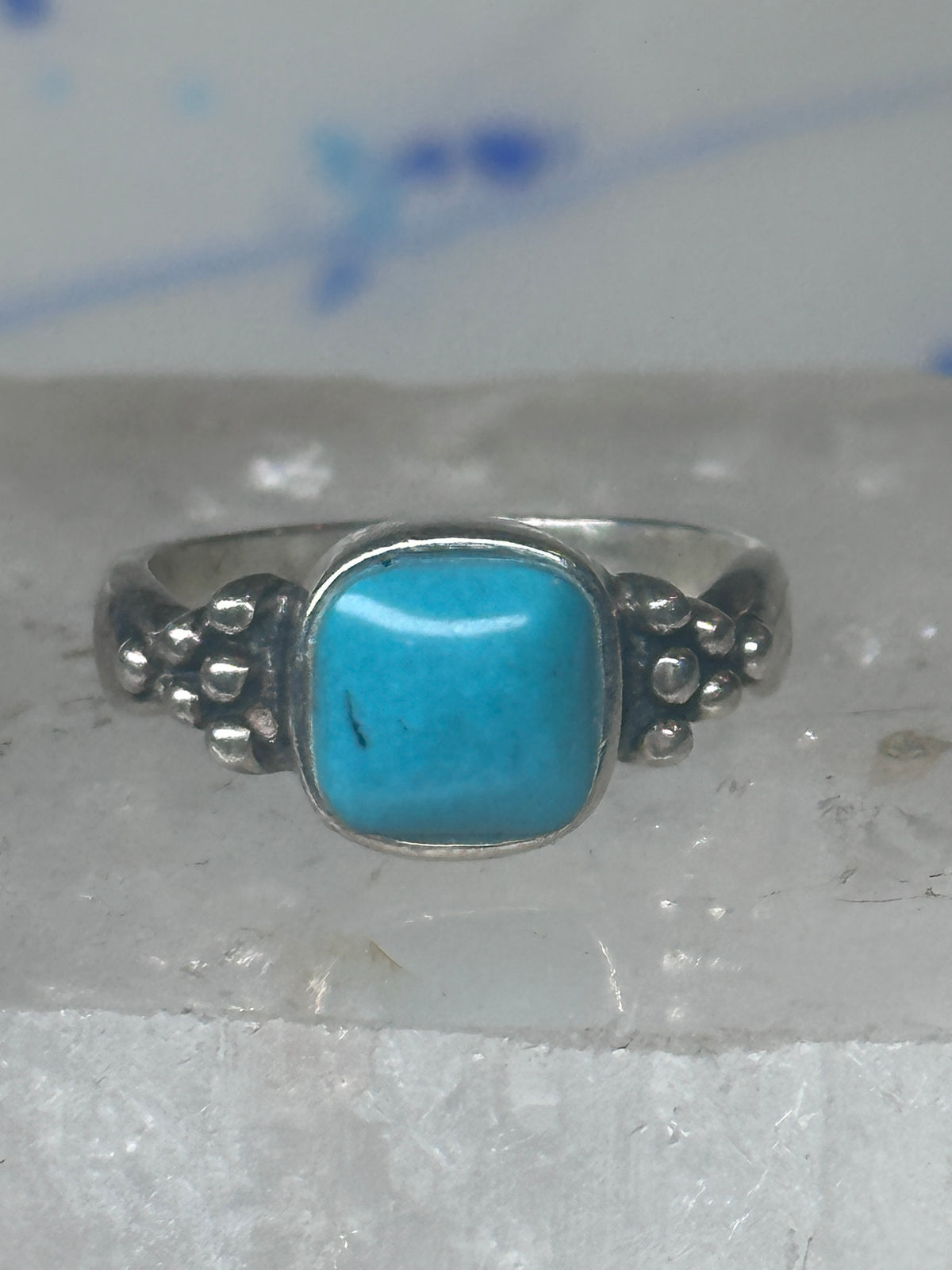 Vintage Sterling Silver Reconstituted Turquoise Cushion Beaded Ring Size 7.75 925