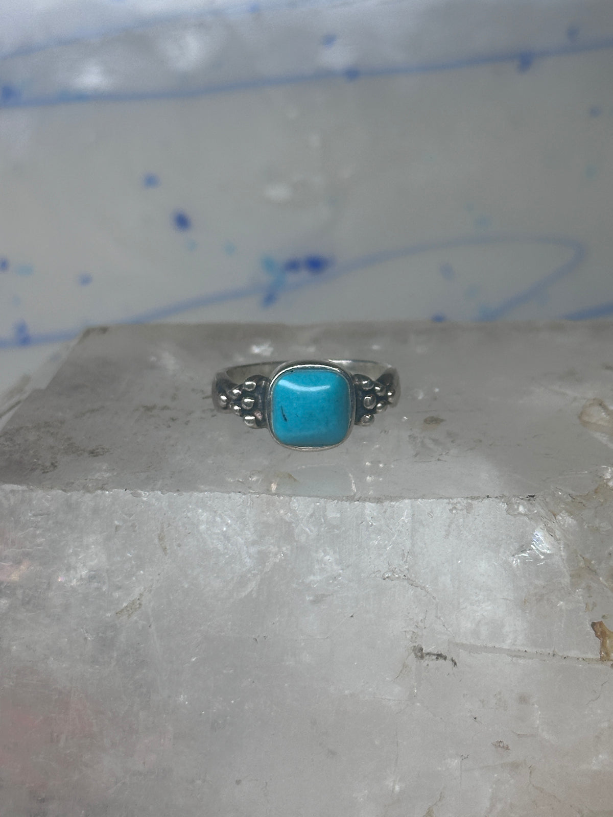 Vintage Sterling Silver Reconstituted Turquoise Cushion Beaded Ring Size 7.75 925