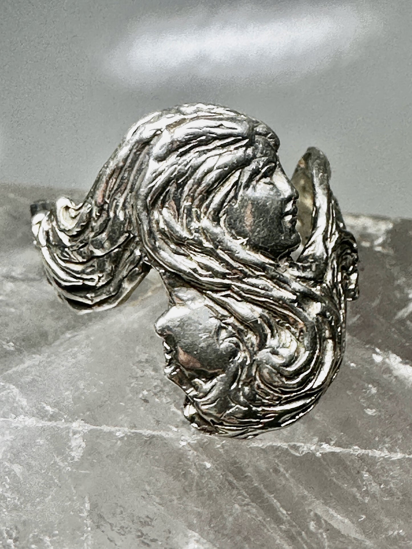 Face ring lady two face double faced size 11 long hair art deco style sterling silver women