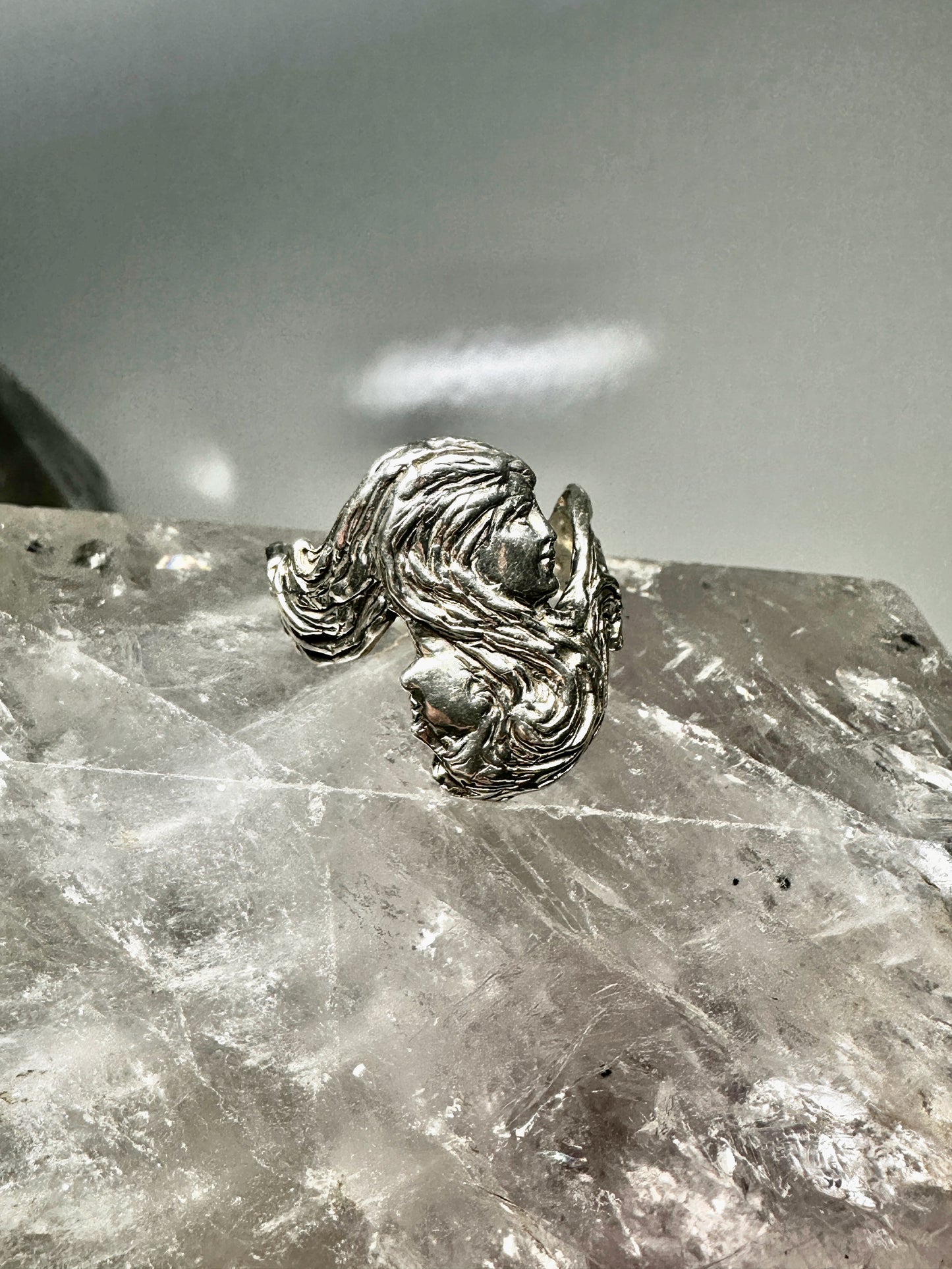 Face ring lady two face double faced size 11 long hair art deco style sterling silver women