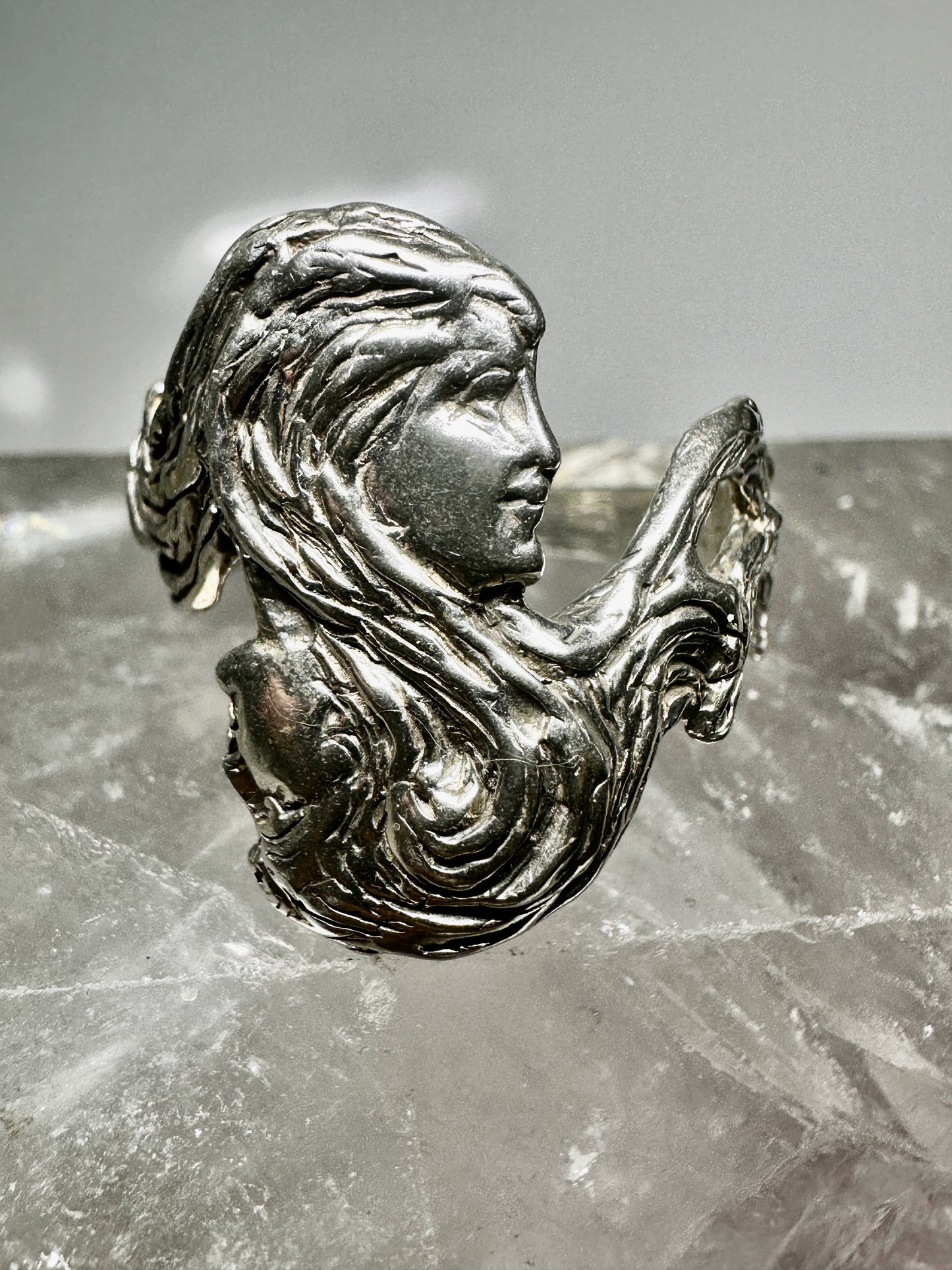 Face ring lady two face double faced size 11 long hair art deco style sterling silver women