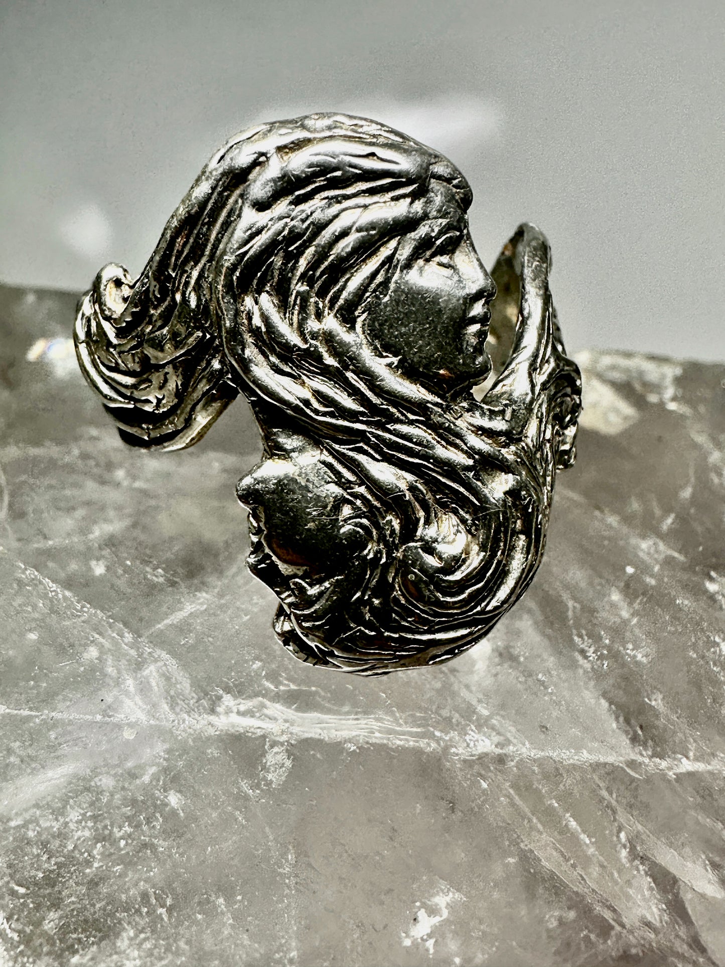 Face ring lady two face double faced size 11 long hair art deco style sterling silver women