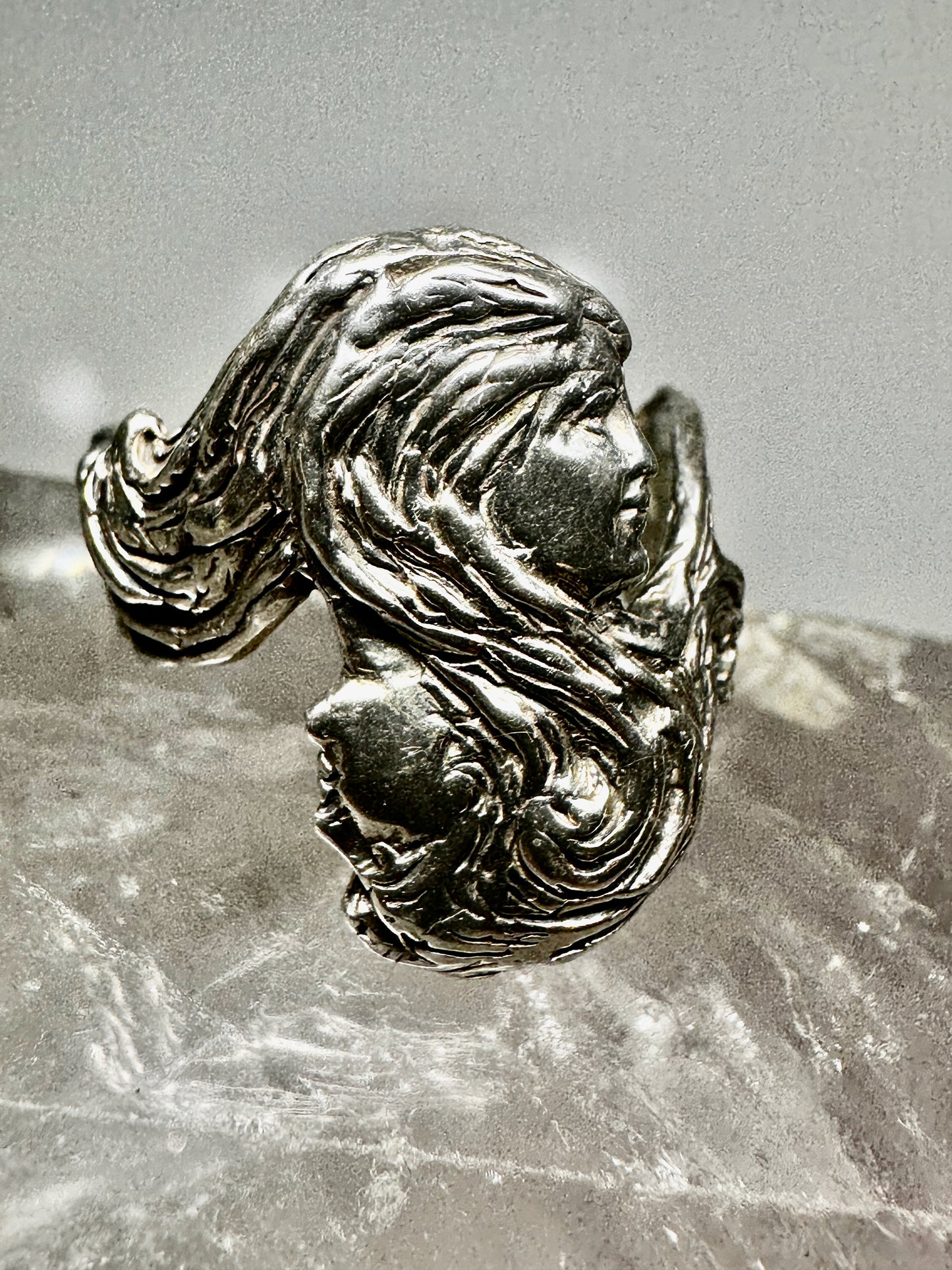 Face ring lady two face double faced size 11 long hair art deco style sterling silver women