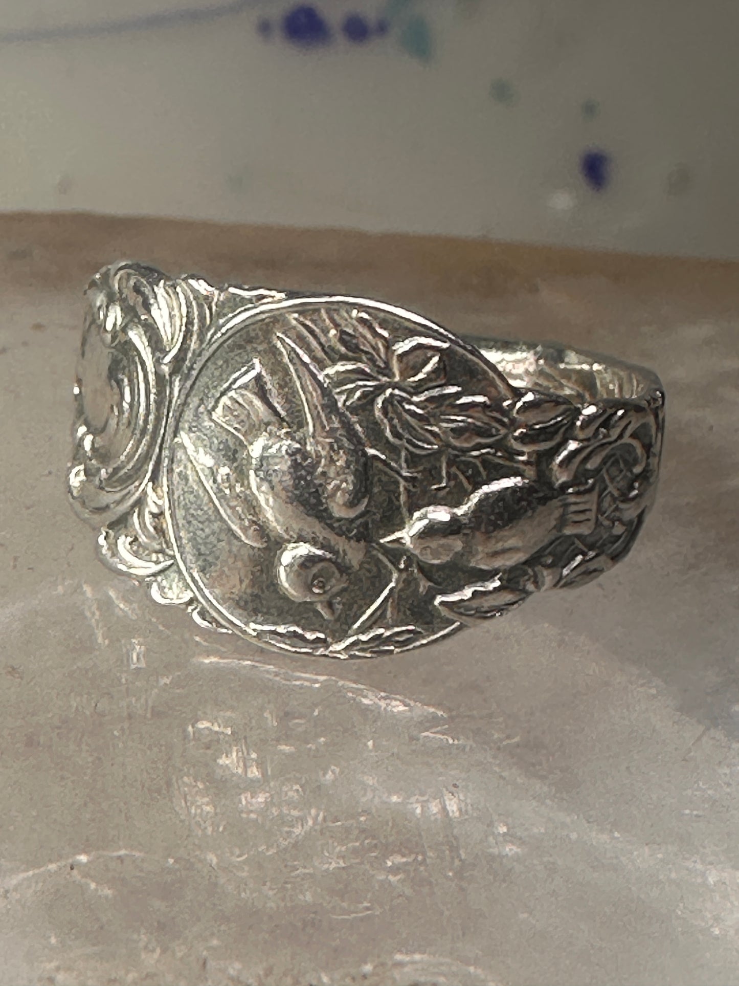 Birds spoon ring size 7 adjustable bird dove peace pigeon sterling silver band