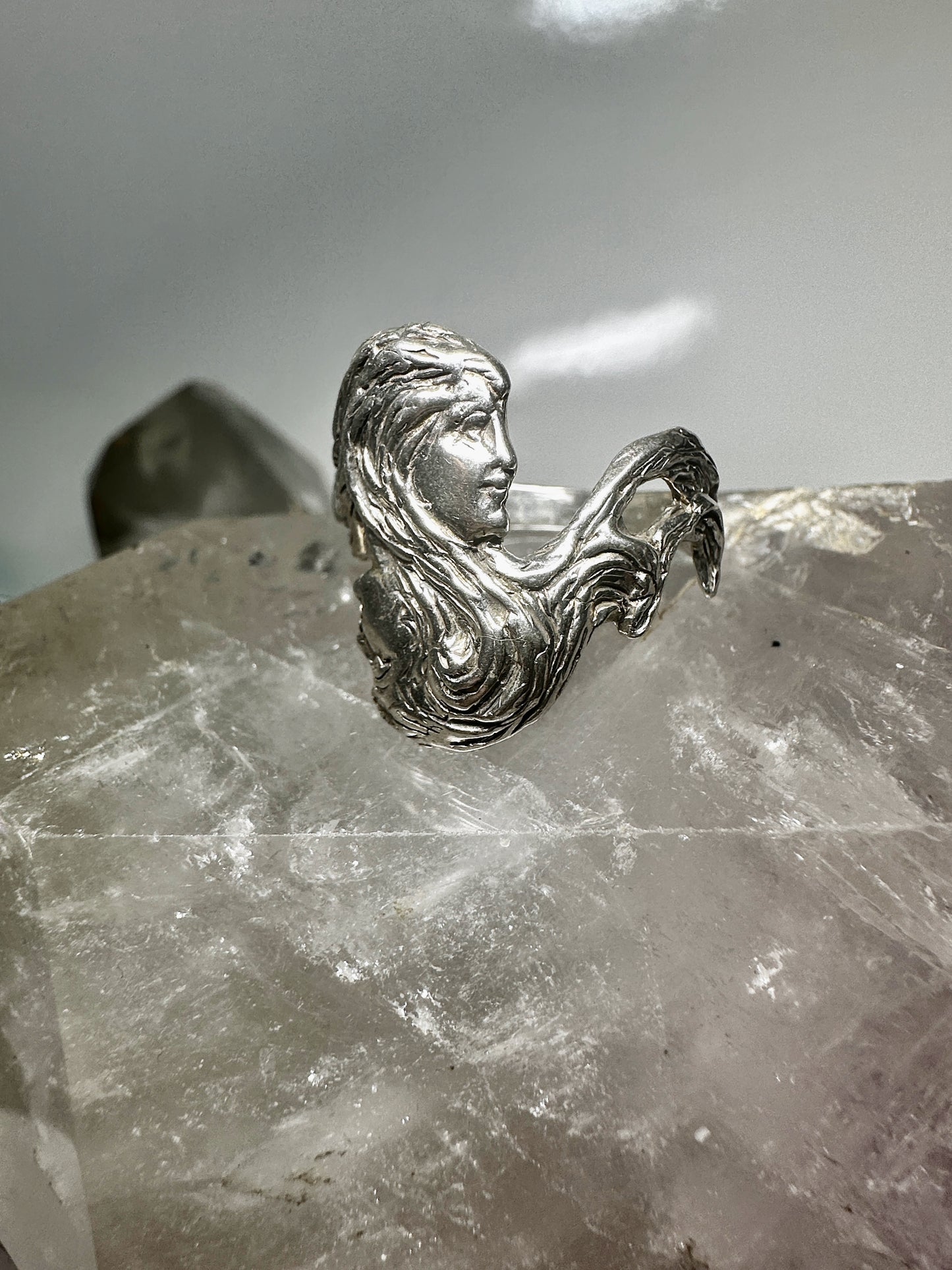 Face ring lady two face double faced size 11 long hair art deco style sterling silver women