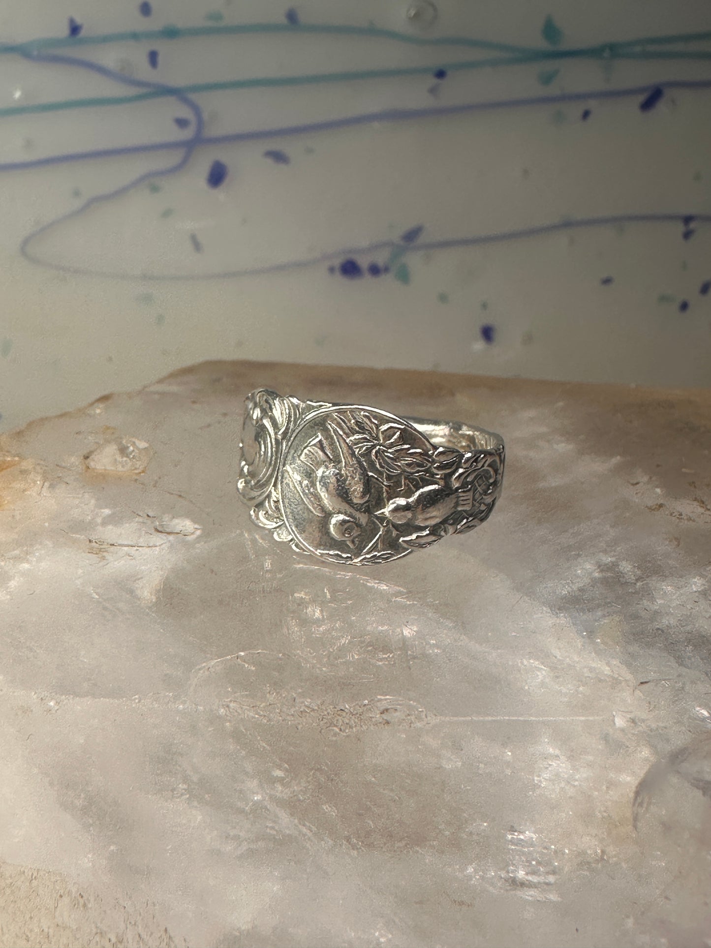 Birds spoon ring size 7 adjustable bird dove peace pigeon sterling silver band