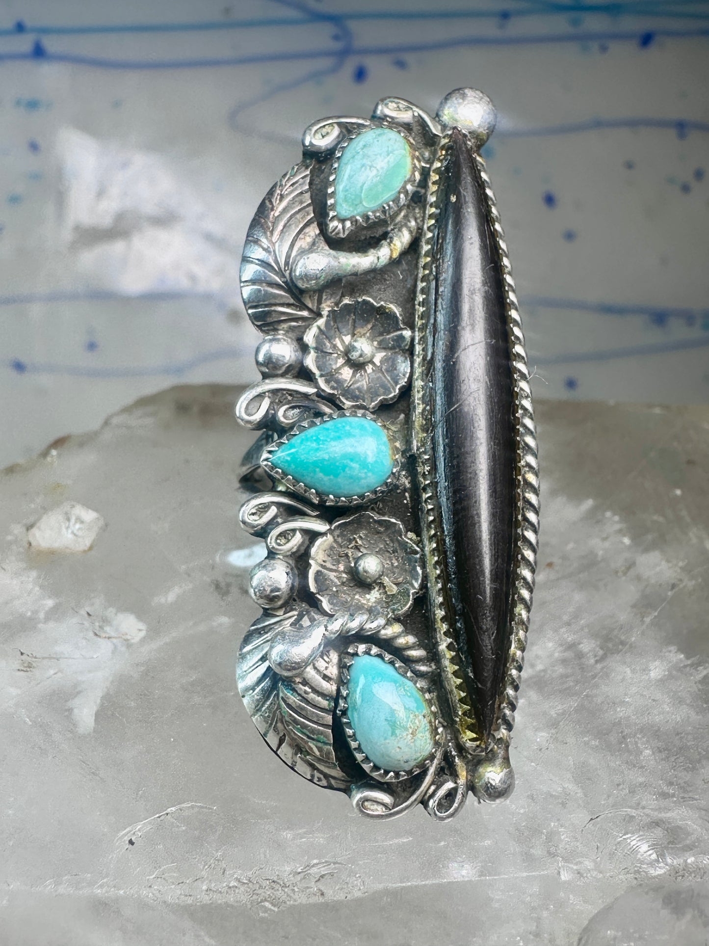 Long Navajo ring vintage turquoise onyx size 9.25 sterling silver women girls