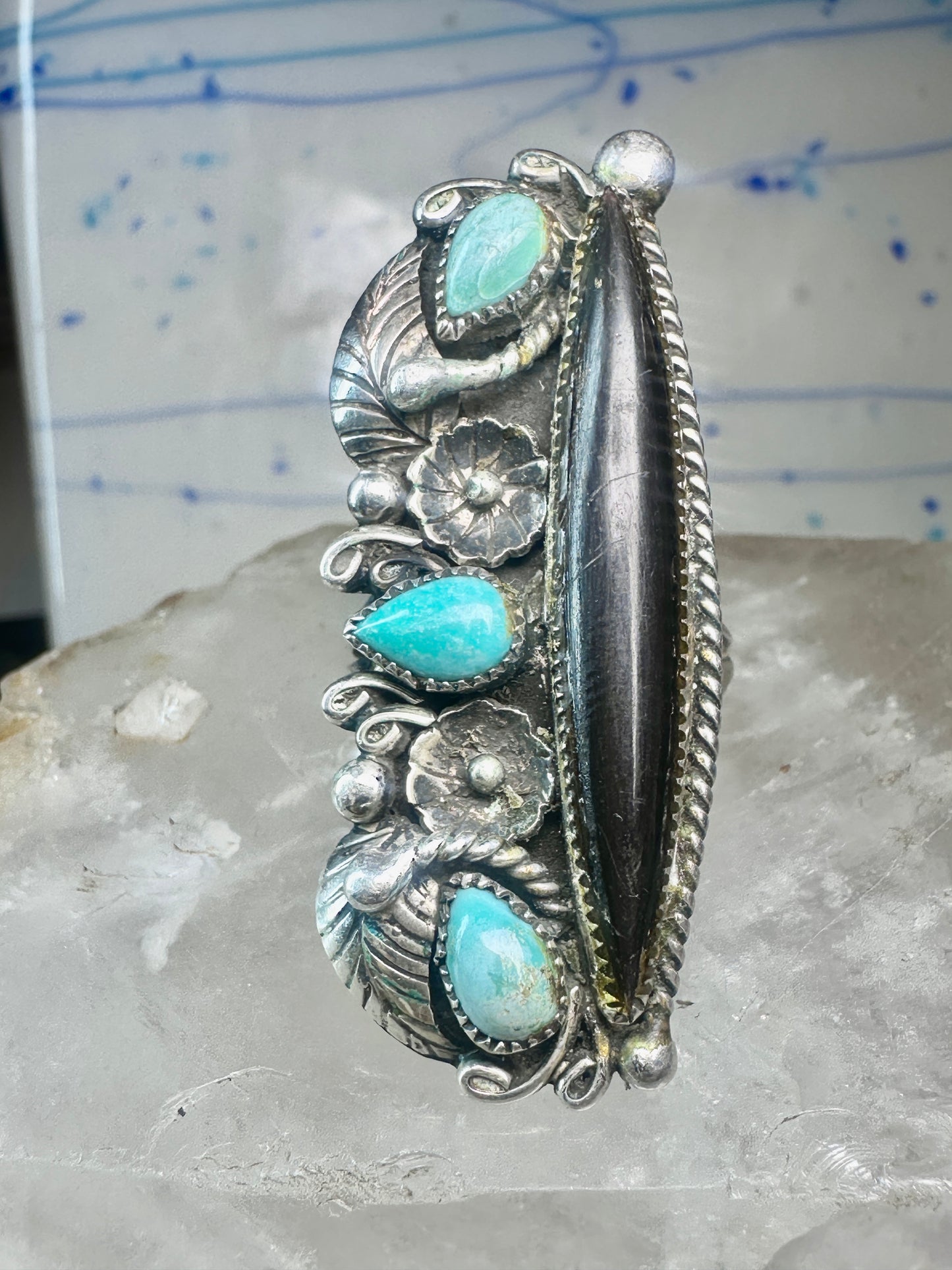 Long Navajo ring vintage turquoise onyx size 9.25 sterling silver women girls