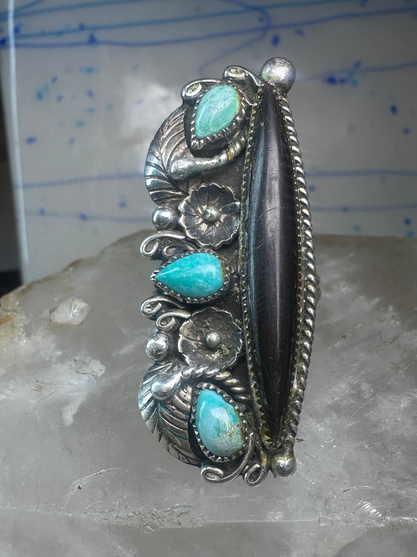 Long Navajo ring vintage turquoise onyx size 9.25 sterling silver women girls