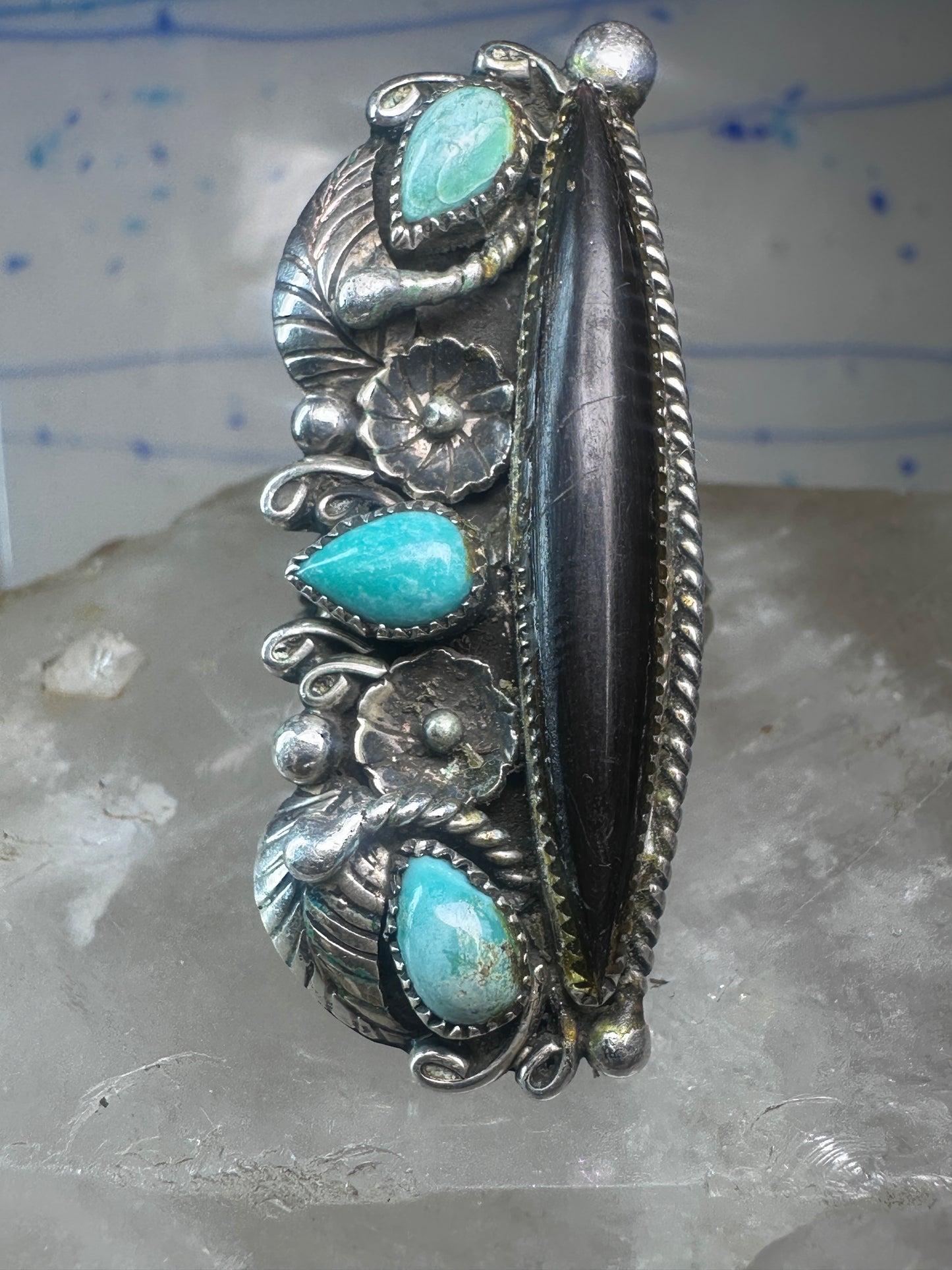 Long Navajo ring vintage turquoise onyx size 9.25 sterling silver women girls