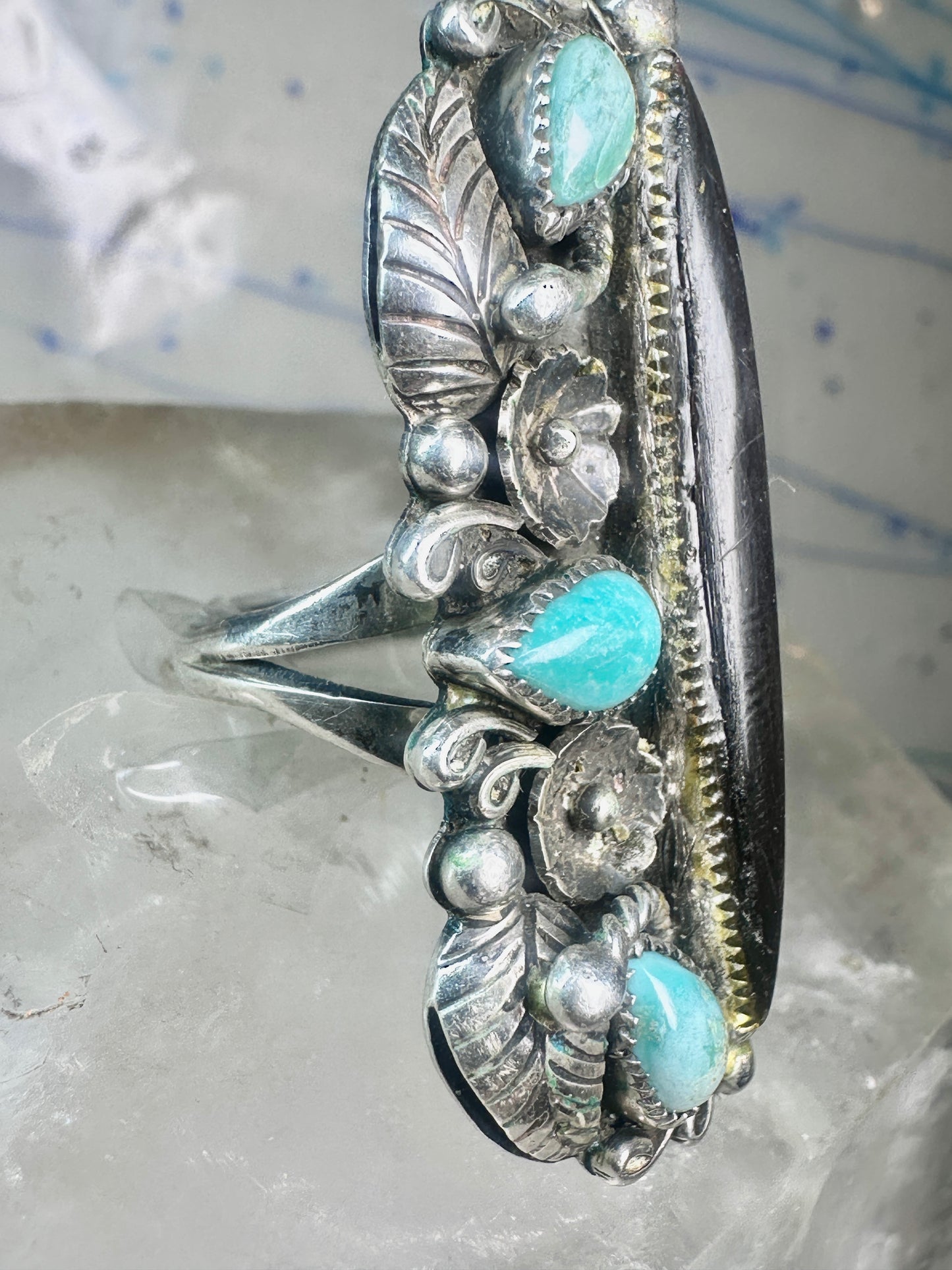 Long Navajo ring vintage turquoise onyx size 9.25 sterling silver women girls