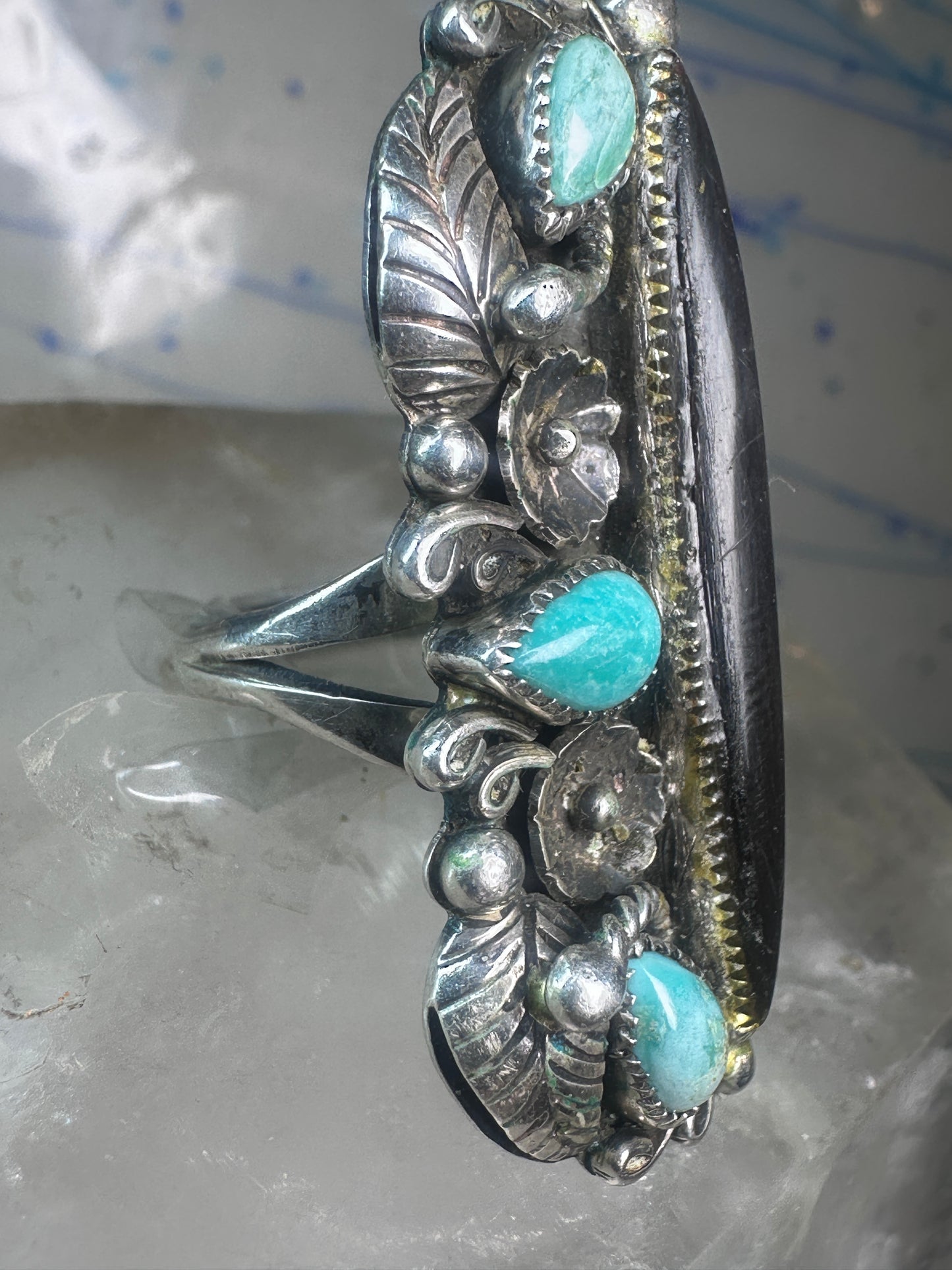 Long Navajo ring vintage turquoise onyx size 9.25 sterling silver women girls