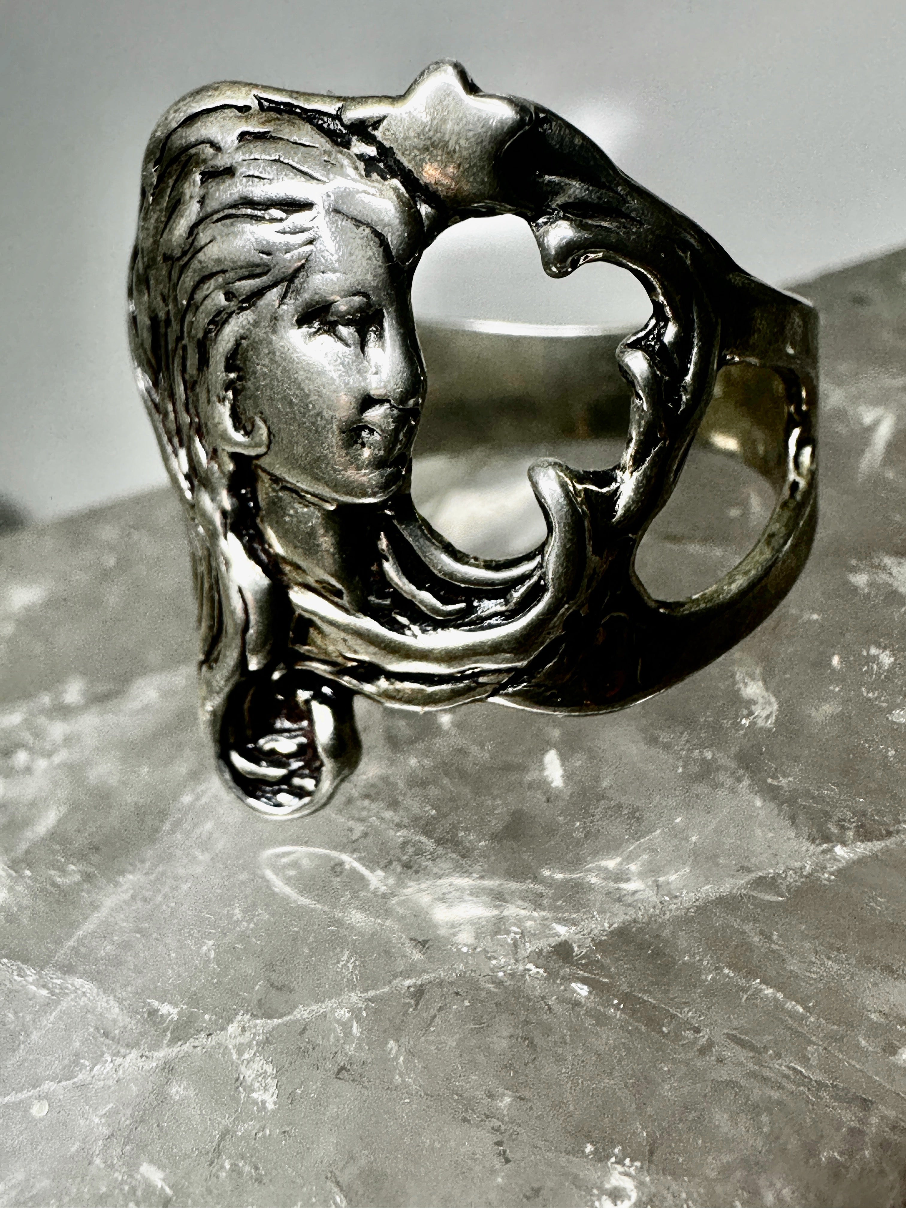Face ring lady star size 9.25 long hair art deco style sterling silver SpiritbeadNW