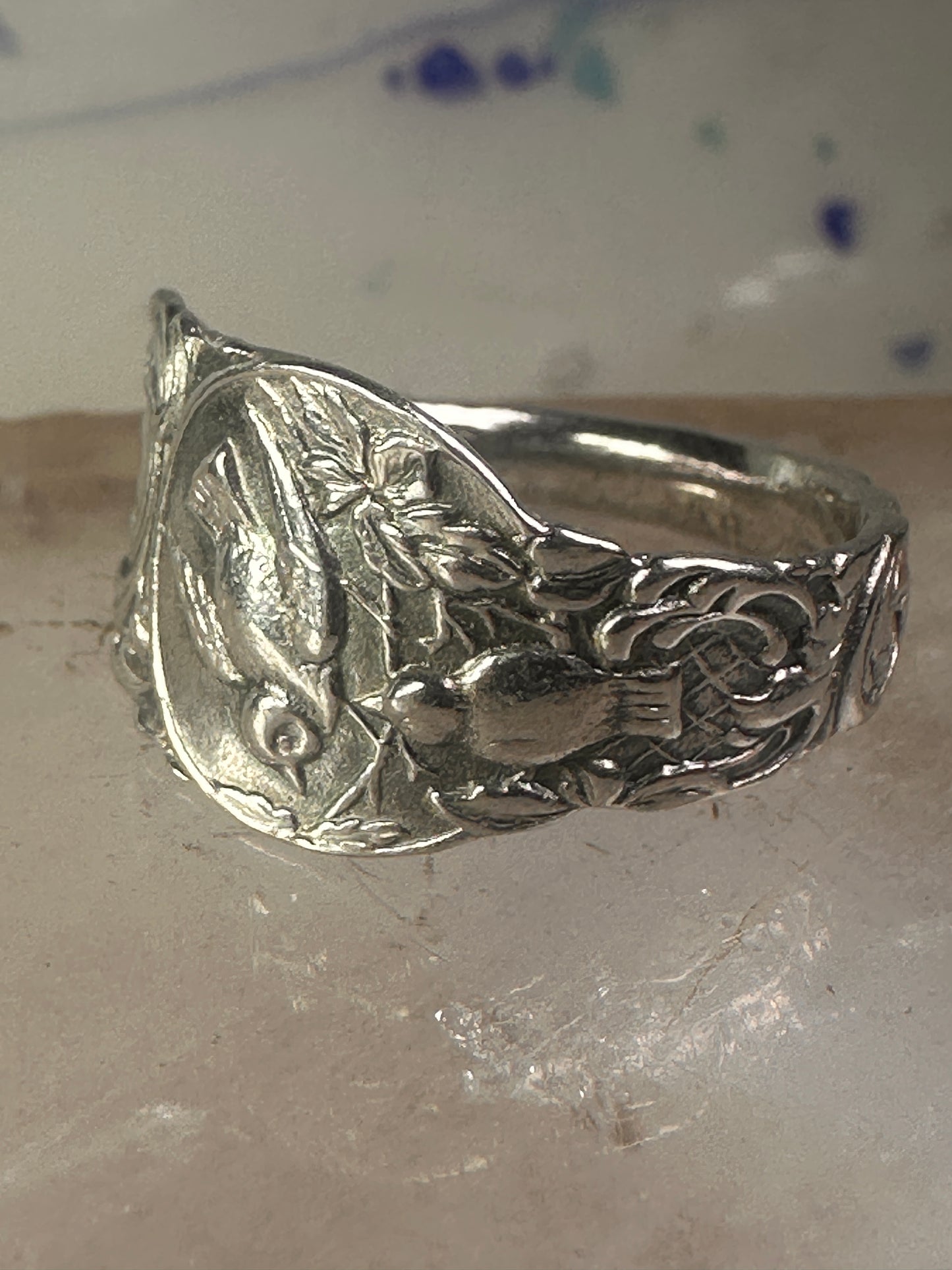 Birds spoon ring size 7 adjustable bird dove peace pigeon sterling silver band