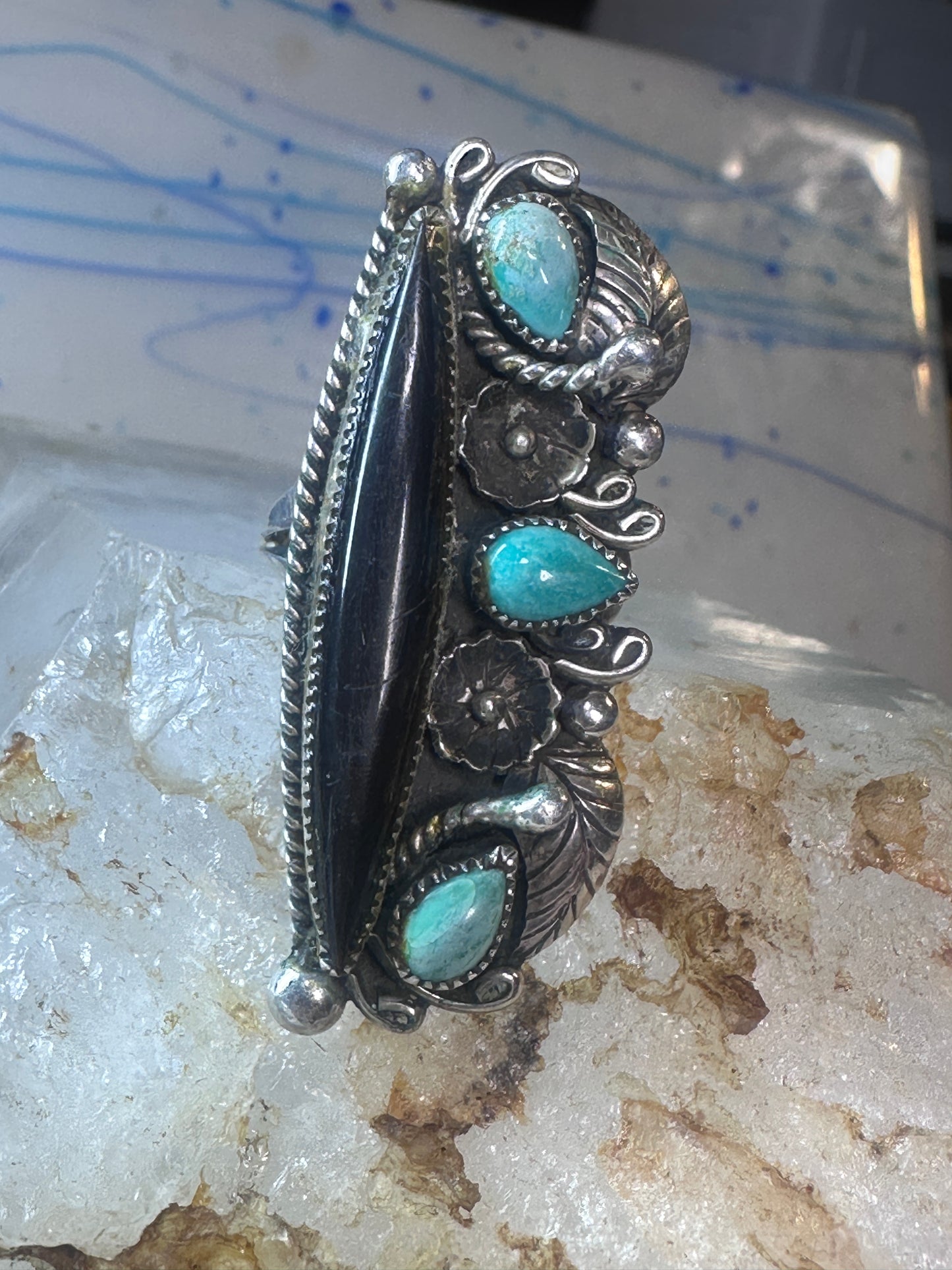 Long Navajo ring vintage turquoise onyx size 9.25 sterling silver women girls