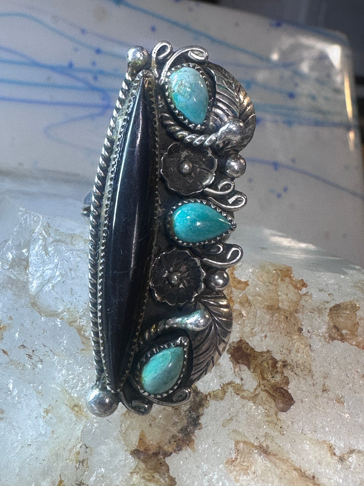Long Navajo ring vintage turquoise onyx size 9.25 sterling silver women girls