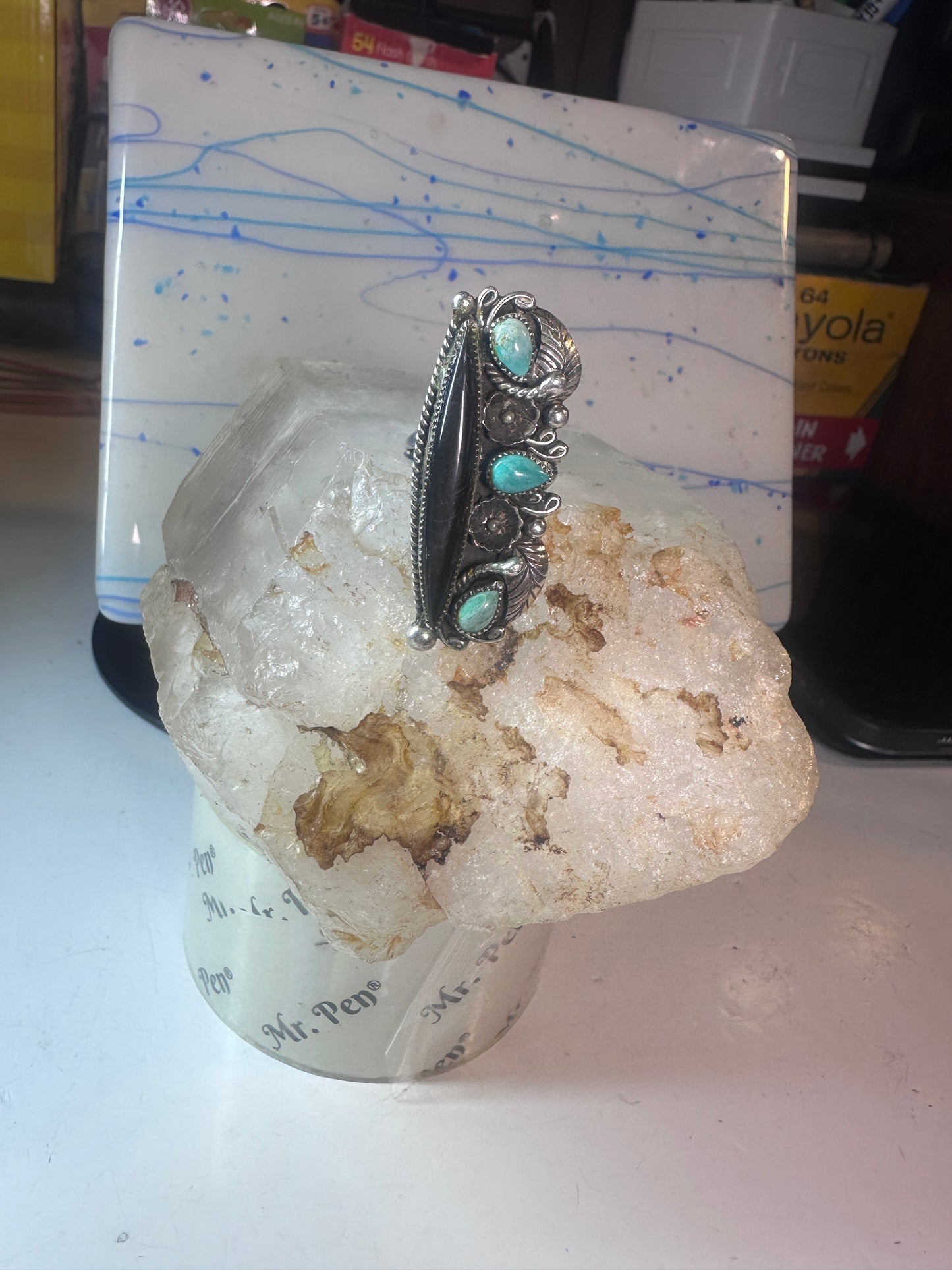 Long Navajo ring vintage turquoise onyx size 9.25 sterling silver women girls