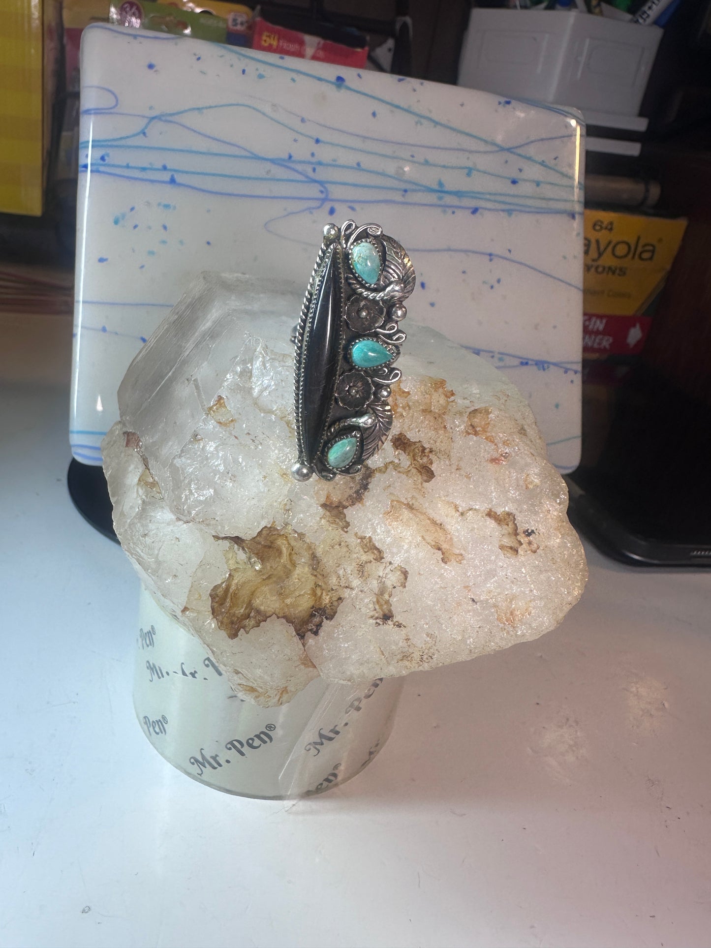 Long Navajo ring vintage turquoise onyx size 9.25 sterling silver women girls