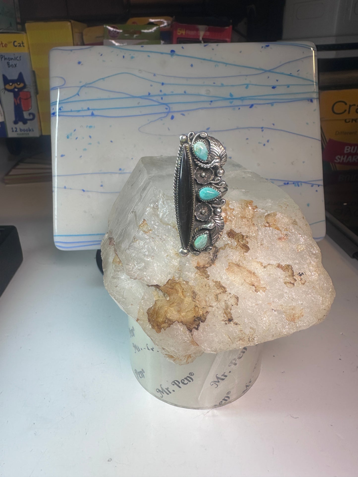 Long Navajo ring vintage turquoise onyx size 9.25 sterling silver women girls