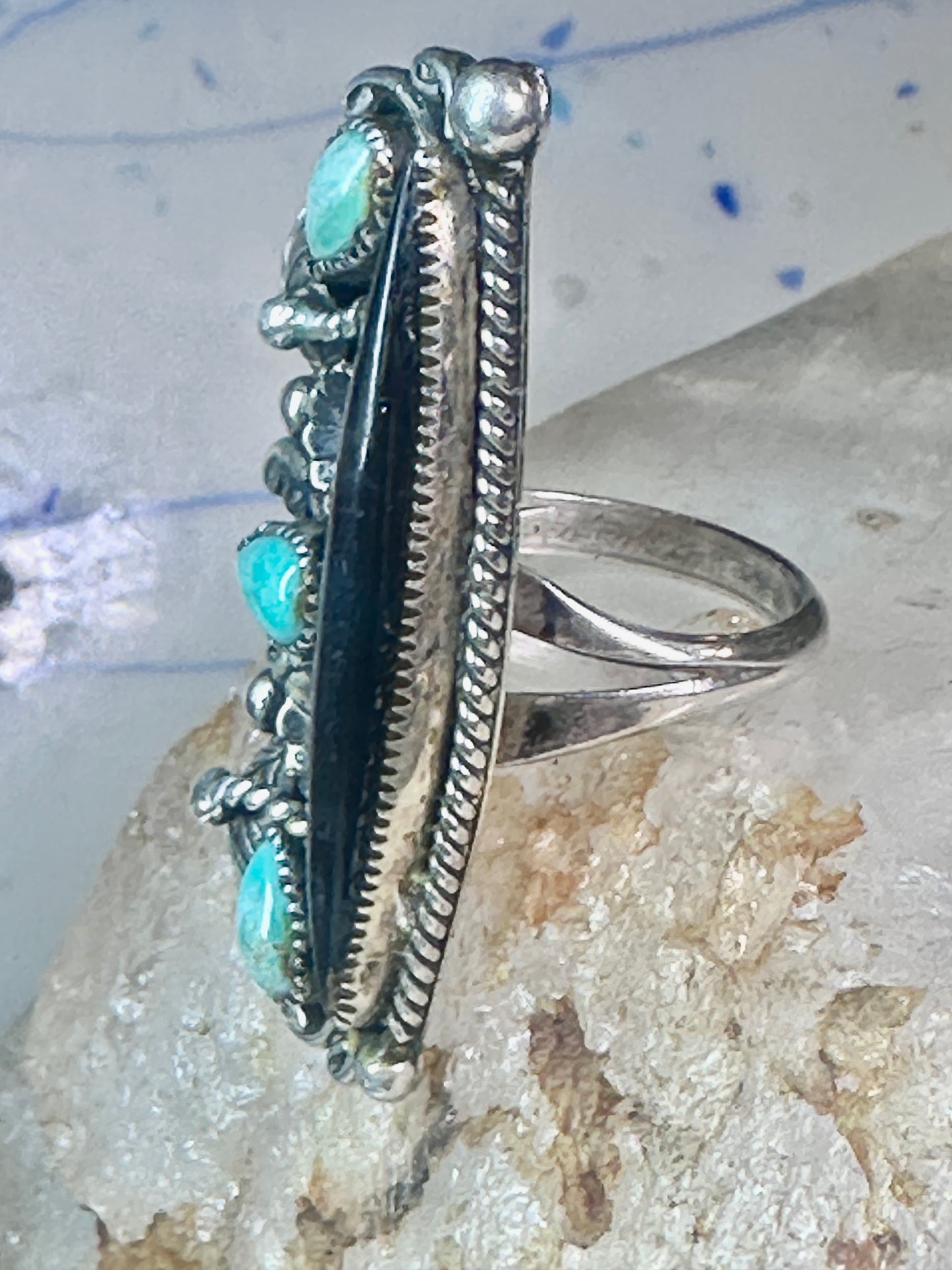 Long Navajo ring vintage turquoise onyx size 9.25 sterling silver women girls