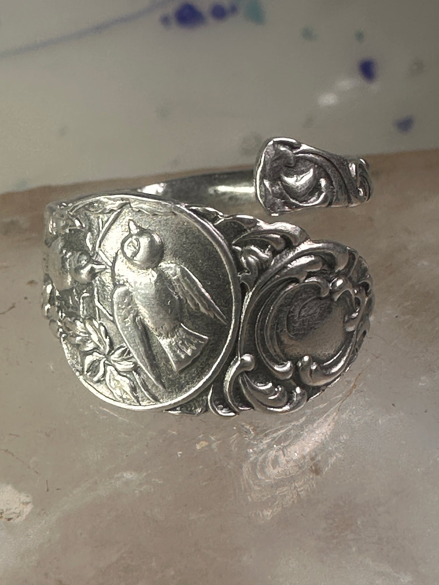 Birds spoon ring size 7.50 adjustable dove bird peace pigeon sterling silver band