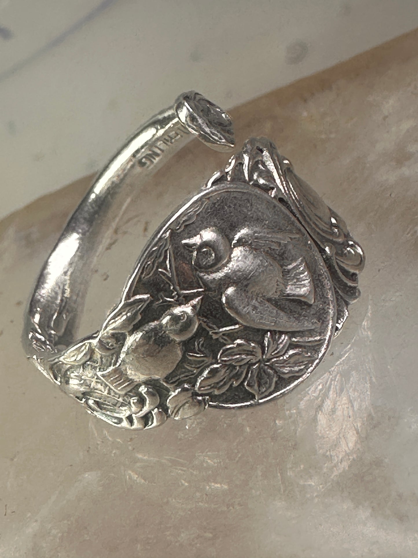 Birds spoon ring size 7.50 adjustable dove bird peace pigeon sterling silver band