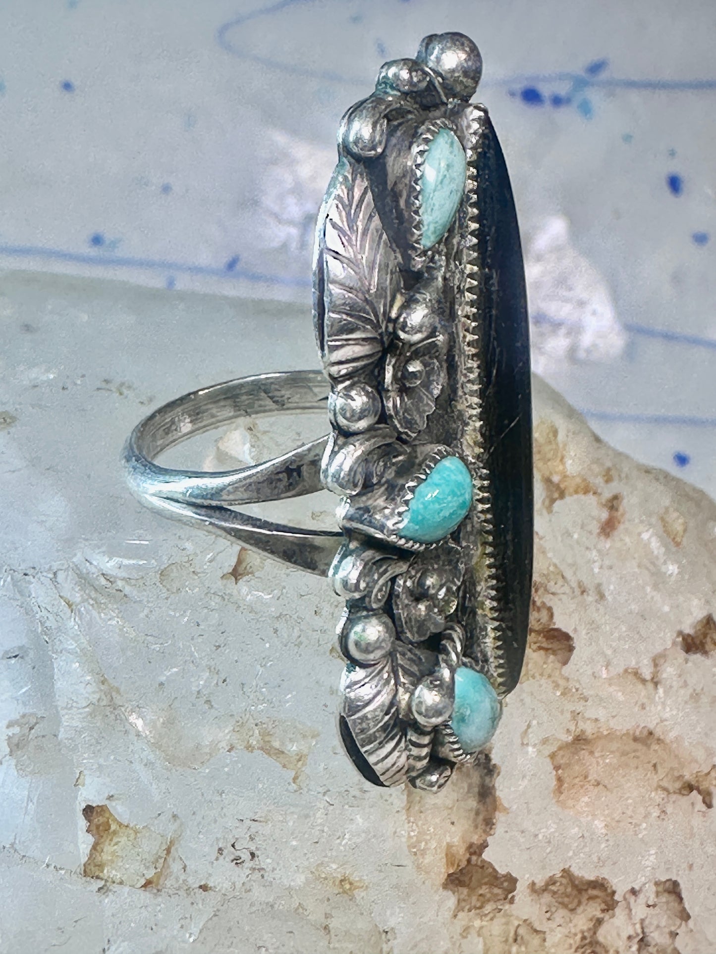 Long Navajo ring vintage turquoise onyx size 9.25 sterling silver women girls