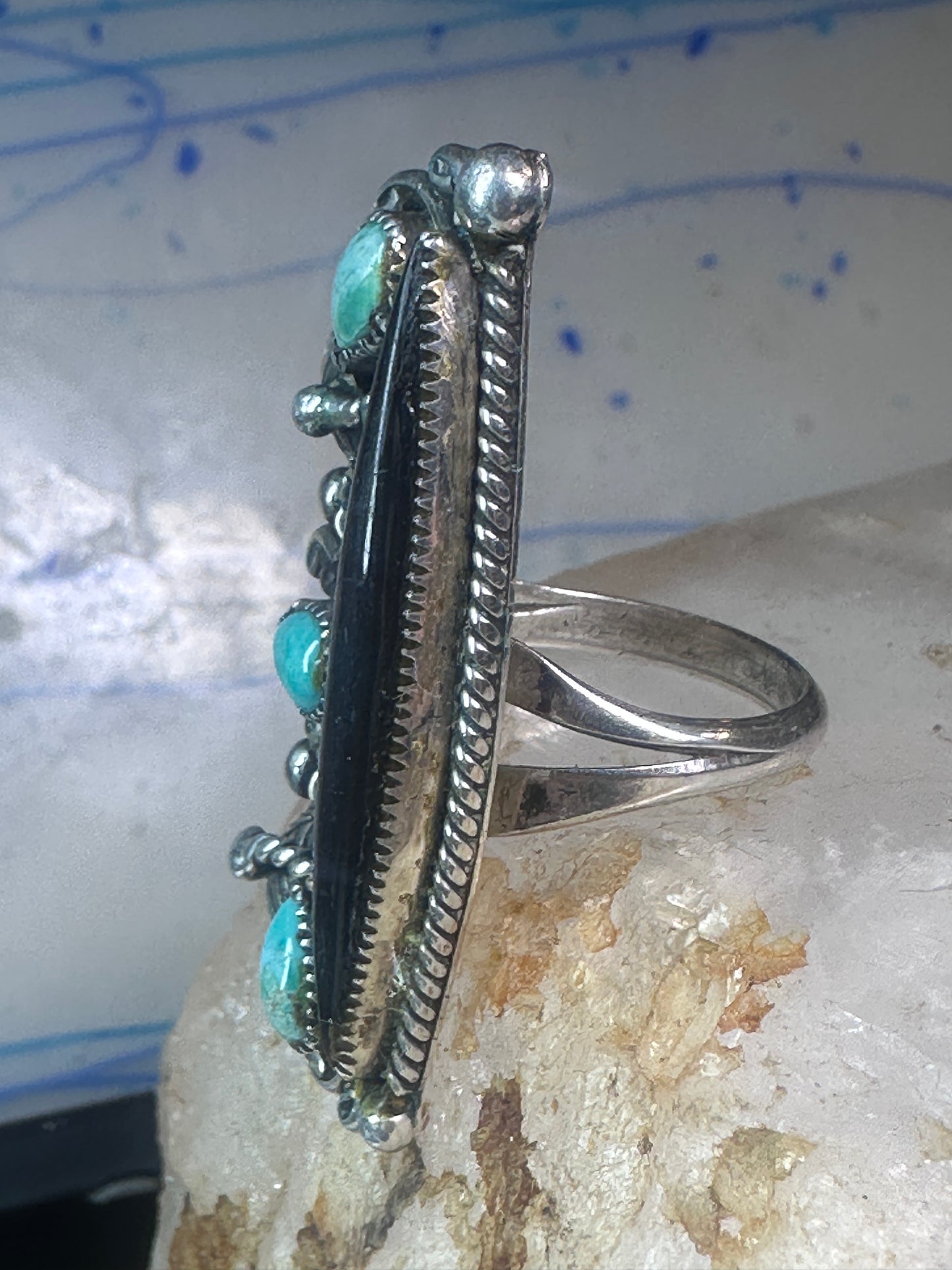 Long Navajo ring vintage turquoise onyx size 9.25 sterling silver women girls