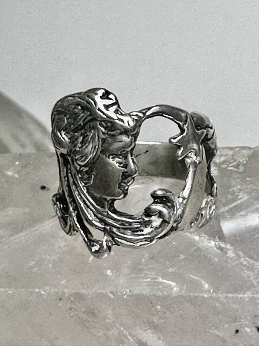 Face ring lady star size 6.25 long hair art deco style sterling silver women