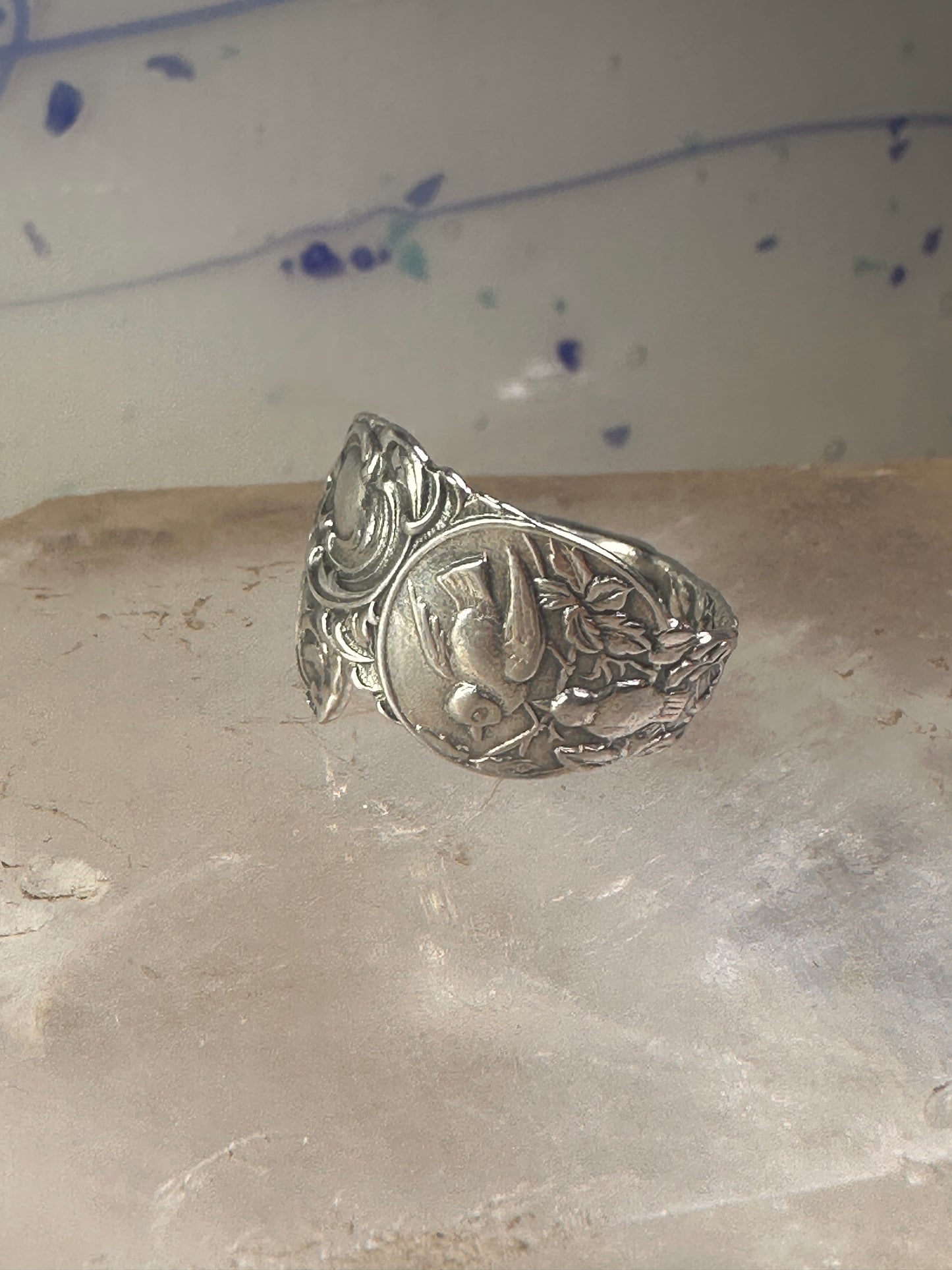 Birds spoon ring size 7.50 adjustable dove bird peace pigeon sterling silver band