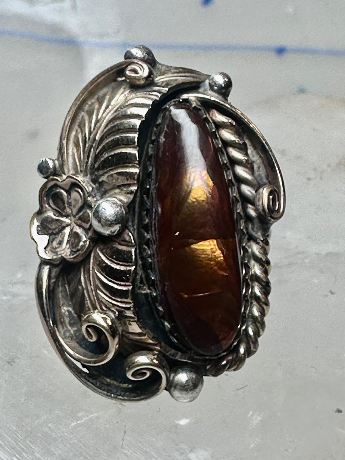 Vintage Sterling Silver Signed V Verma Benally Navajo Fire Agate Gold Accent Ring Size 5.50 925