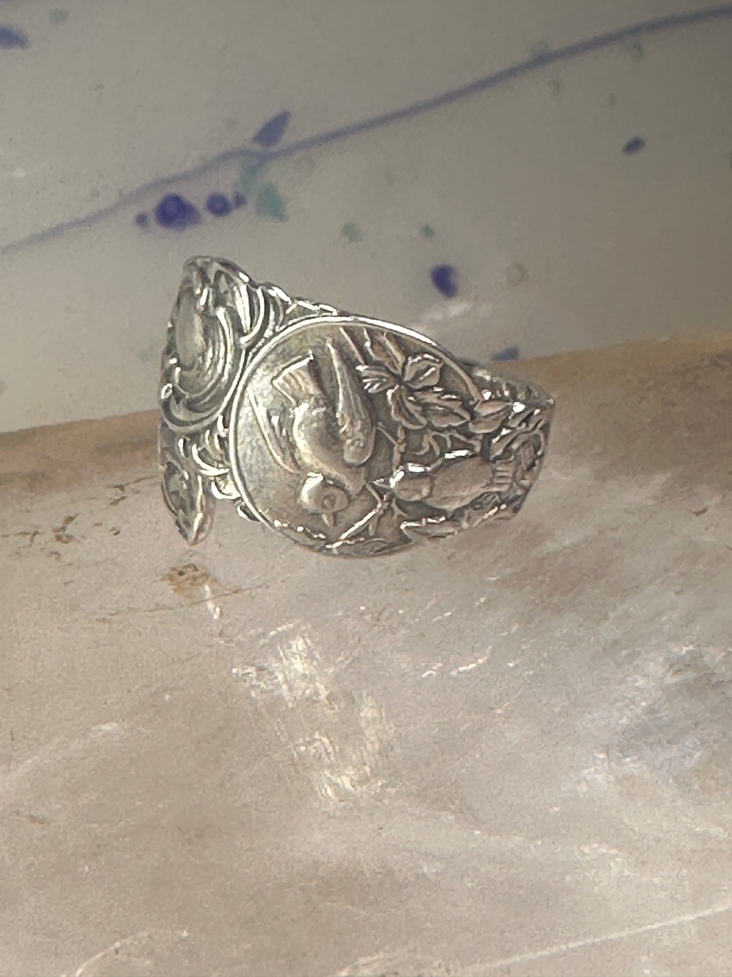 Birds spoon ring size 7.50 adjustable dove bird peace pigeon sterling silver band