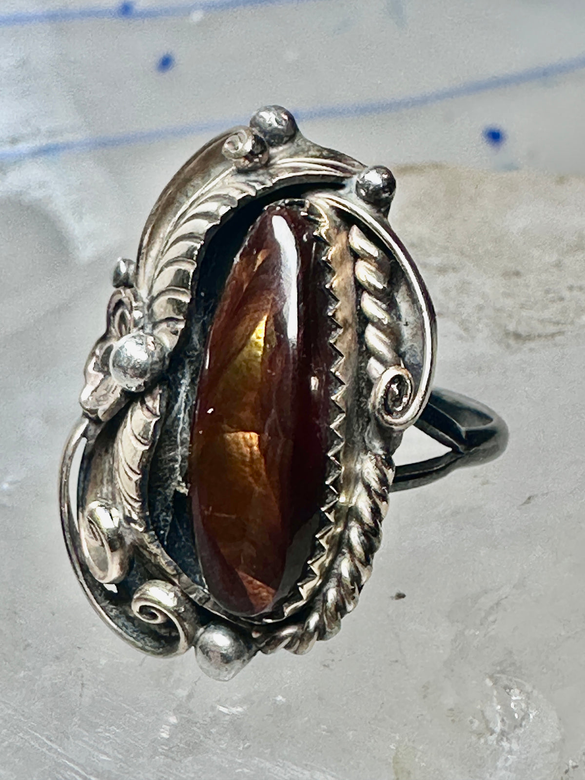 Vintage Sterling Silver Signed V Verma Benally Navajo Fire Agate Gold Accent Ring Size 5.50 925