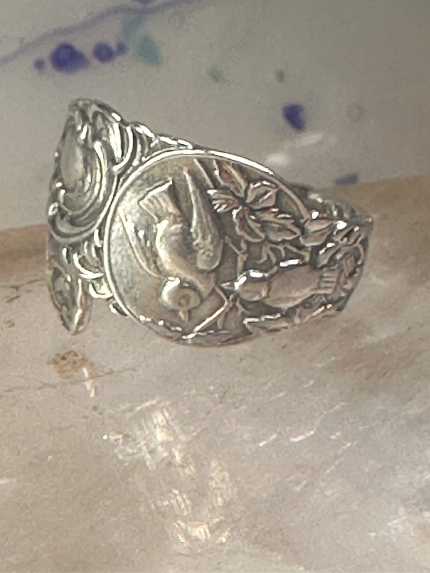 Birds spoon ring size 7.50 adjustable dove bird peace pigeon sterling silver band