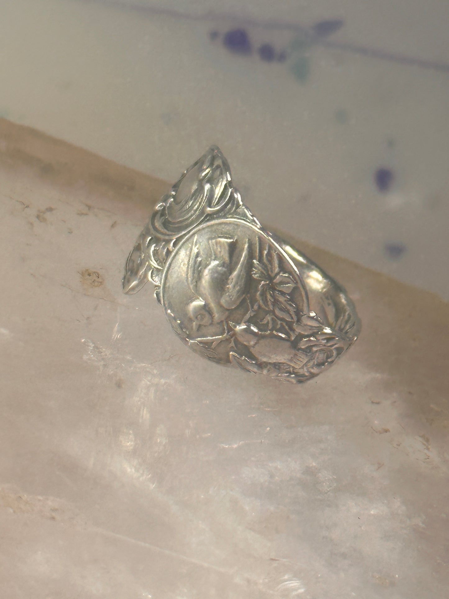 Birds spoon ring size 7.50 adjustable dove bird peace pigeon sterling silver band