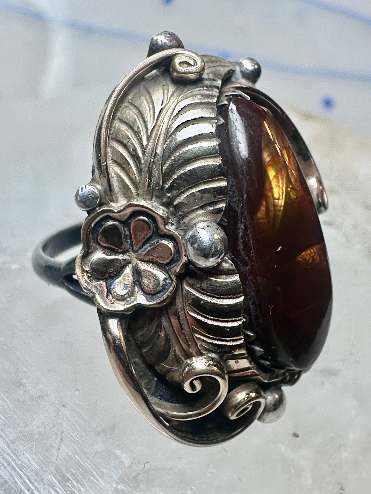 Vintage Sterling Silver Signed V Verma Benally Navajo Fire Agate Gold Accent Ring Size 5.50 925