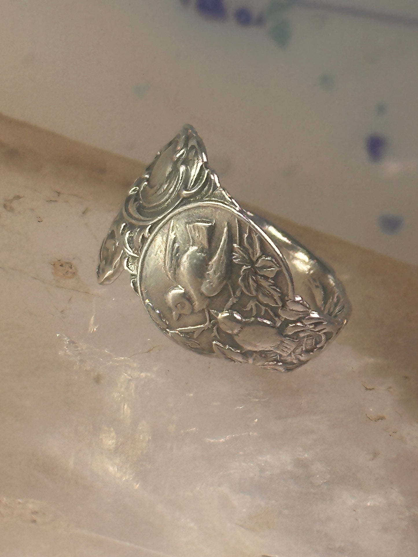 Birds spoon ring size 7.50 adjustable dove bird peace pigeon sterling silver band