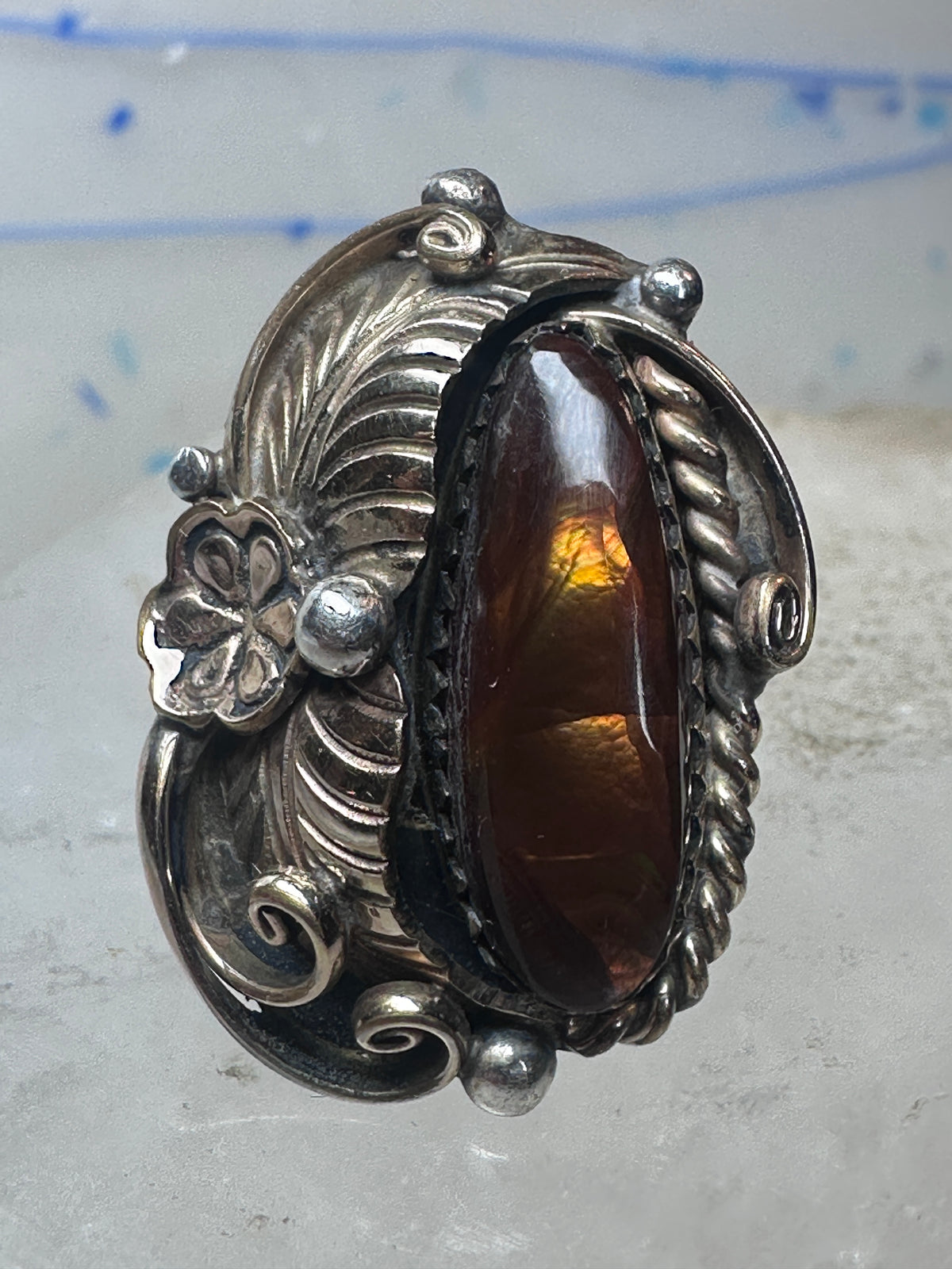 Vintage Sterling Silver Signed V Verma Benally Navajo Fire Agate Gold Accent Ring Size 5.50 925