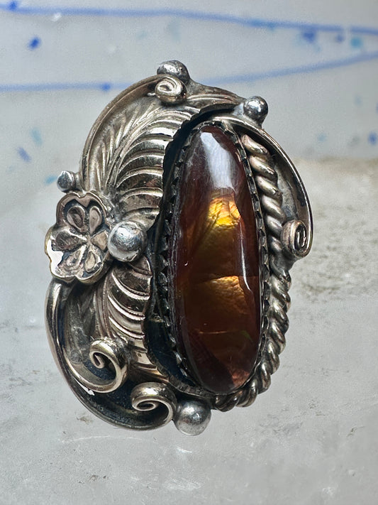 Vintage Sterling Silver Signed V Verma Benally Navajo Fire Agate Gold Accent Ring Size 5.50 925