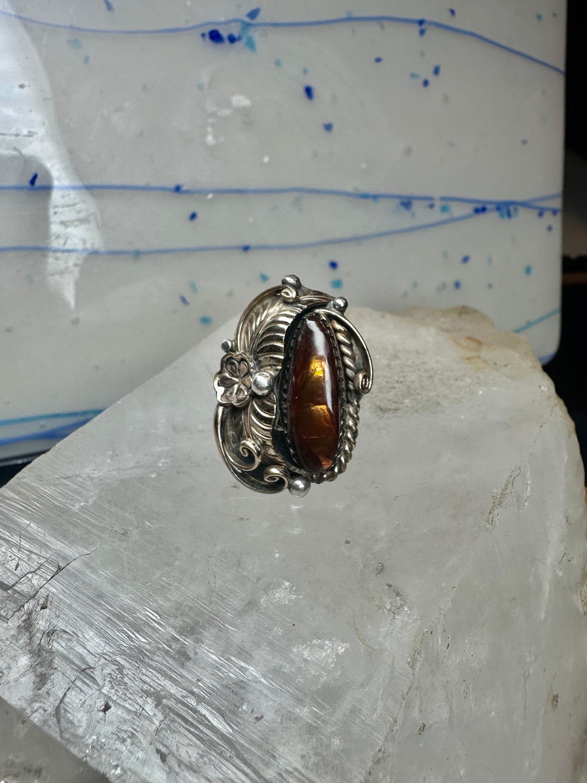 Vintage Sterling Silver Signed V Verma Benally Navajo Fire Agate Gold Accent Ring Size 5.50 925
