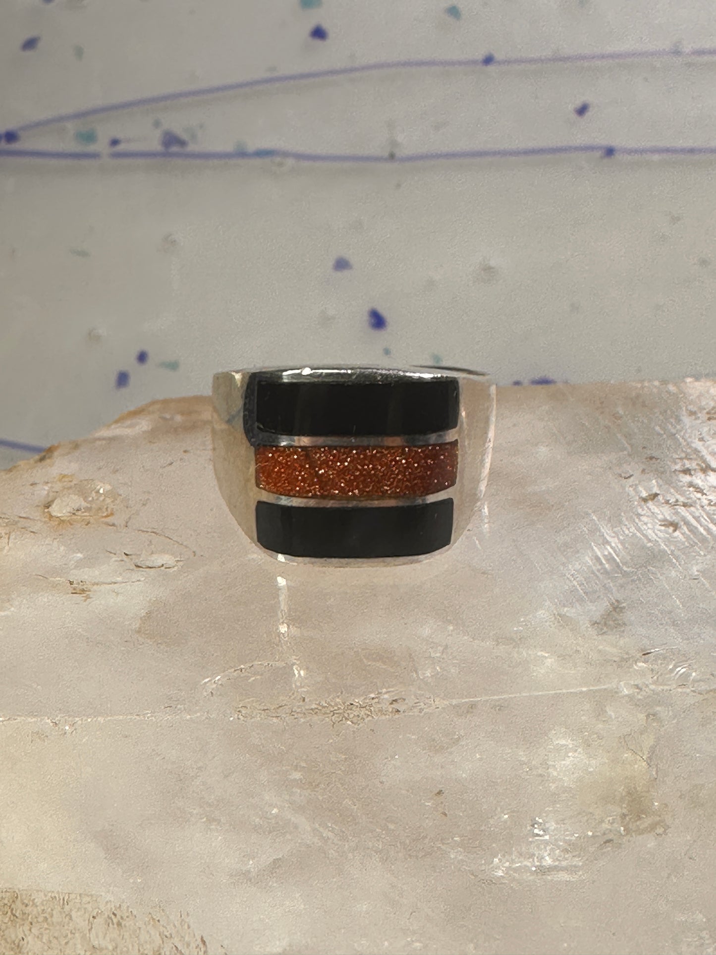 Onyx ring goldstone band size 12 Mexico band sterling silver women men