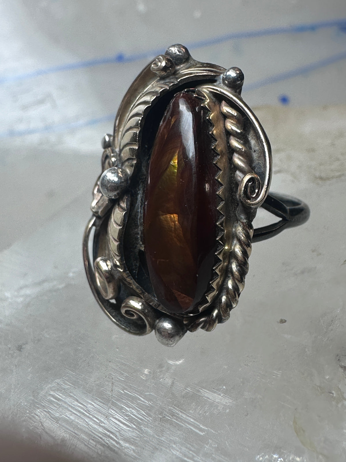 Vintage Sterling Silver Signed V Verma Benally Navajo Fire Agate Gold Accent Ring Size 5.50 925
