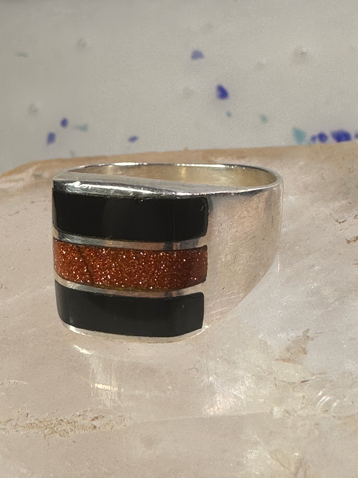 Onyx ring goldstone band size 12 Mexico band sterling silver women men