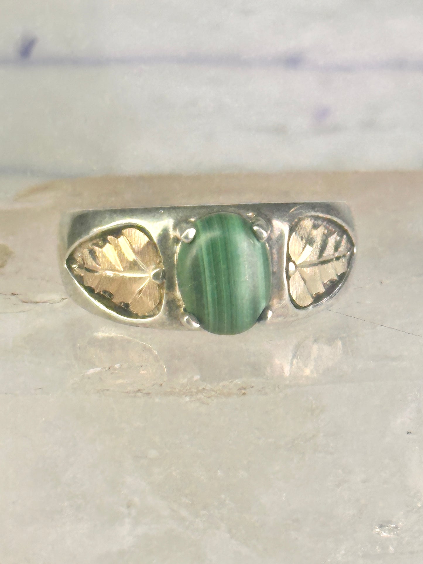 Black Hills Gold malachite ring leaves band size 10 sterling silver women men